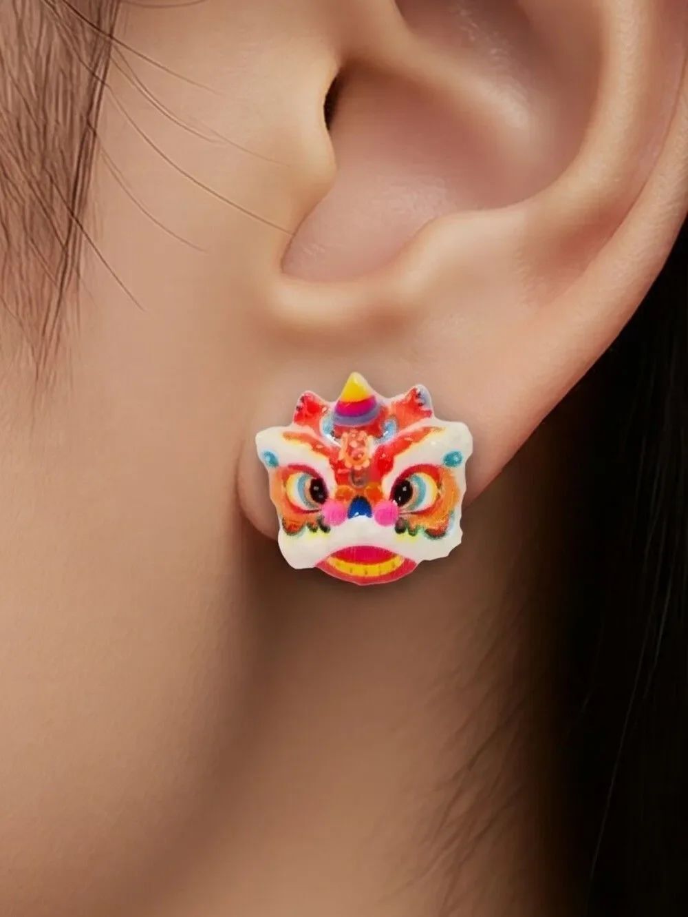 Red Lion Dance Stud Earrings | Chinese Style Lion Awakening Mini Lucky Studs